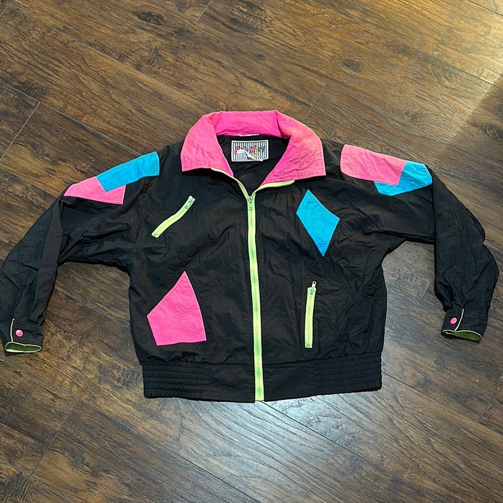 Vintage East West Colorful Ski Windbreaker Black Jacket with Neon Accents